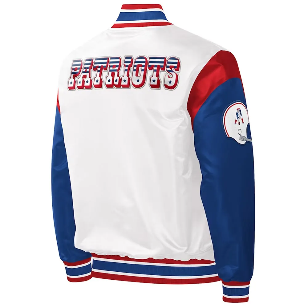 New England Patriots Throwback Warm Up Pitch Varsity White Satin Jacket back webp New England Patriots Throwback Warm Up Pitch Varsity White Satin Jacket back webp