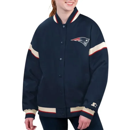 New England Patriots Tournament Navy Varsity Jacket webp