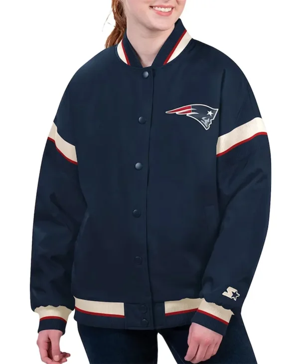 New England Patriots Tournament Navy Varsity Jacket webp
