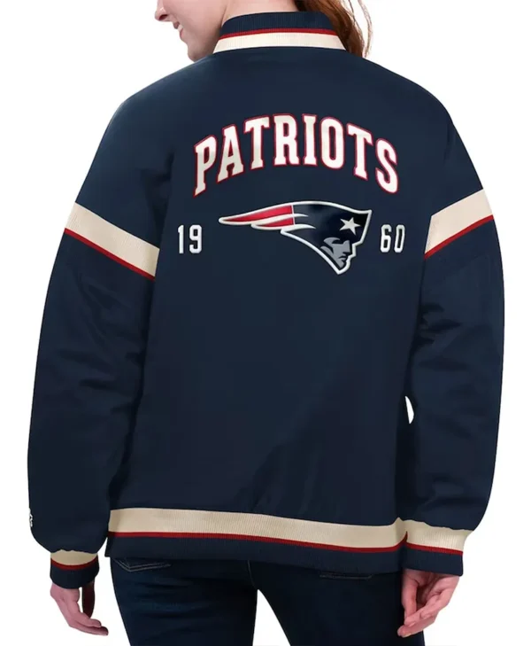 New England Patriots Tournament Navy Varsity Jacket back webp
