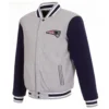 New England Patriots Varsity Gray and Navy Wool Jacket webp