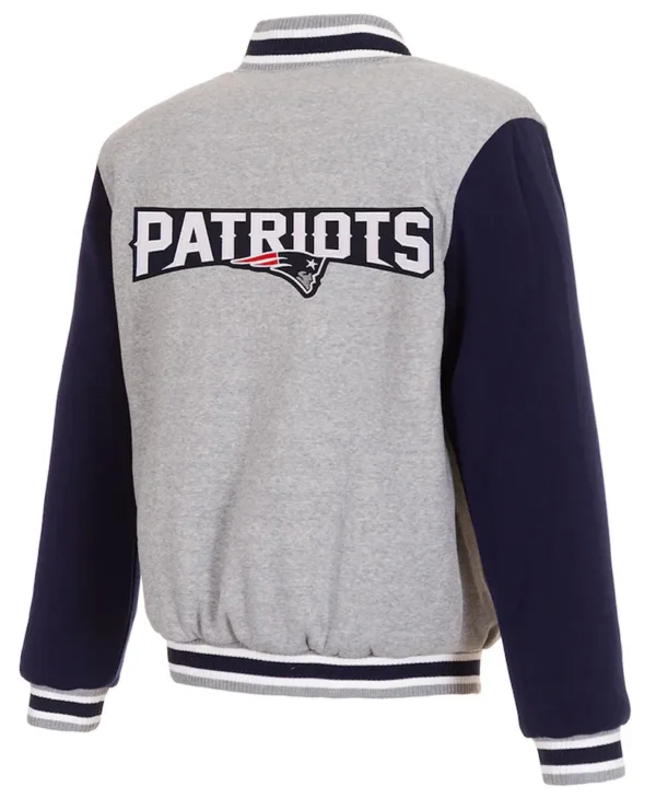 New England Patriots Varsity Gray and Navy Wool Jacket back webp