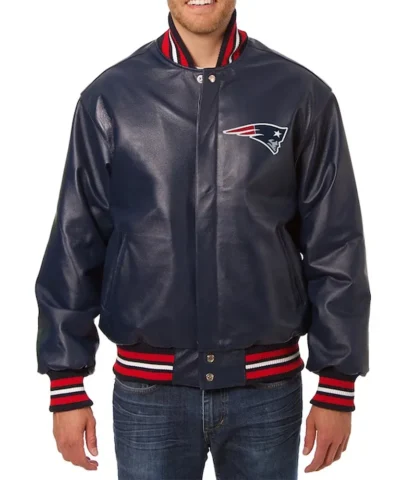 New England Patriots Varsity Navy Leather Jacket webp