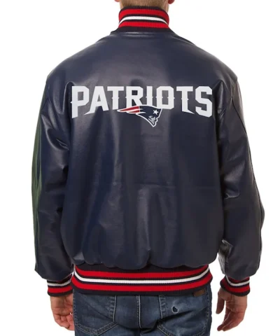 New England Patriots Varsity Navy Leather Jacket back webp