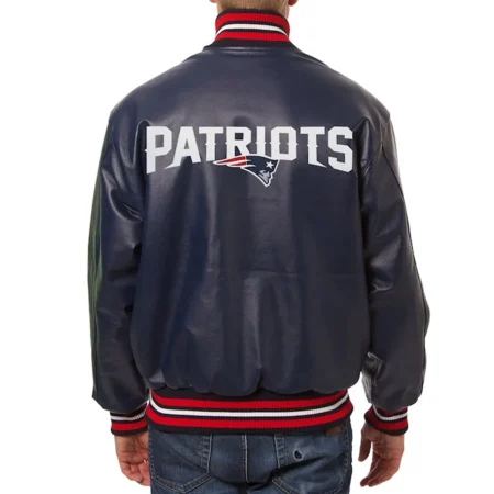 New England Patriots Varsity Navy Leather Jacket back webp