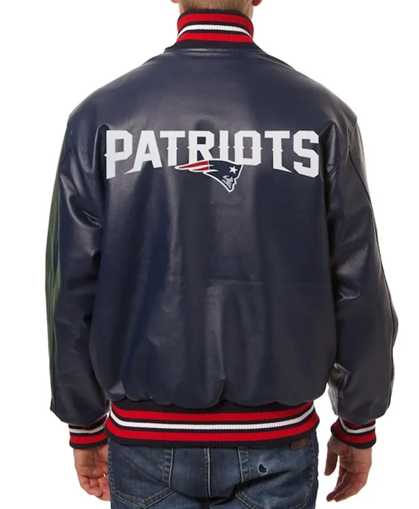 New England Patriots Varsity Navy Leather Jacket back webp