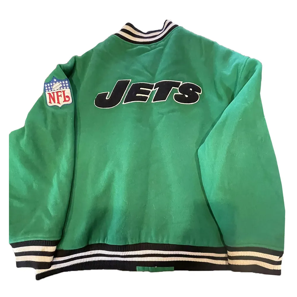New York Jets Green Throwbacks Varsity Jacket back webp New York Jets Green Throwbacks Varsity Jacket back webp