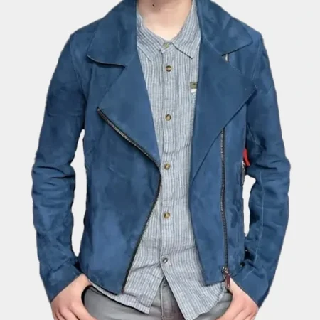 Noah Schnapp Event Stranger Things Navy Blue Suede Jacket webp