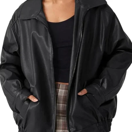 Oversized Faux Leather Bomber Jacket webp