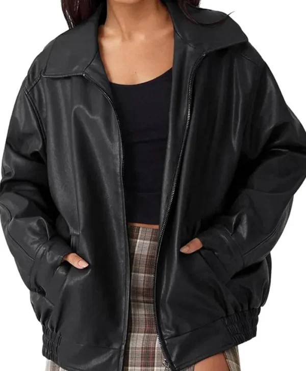 Oversized Faux Leather Bomber Jacket webp