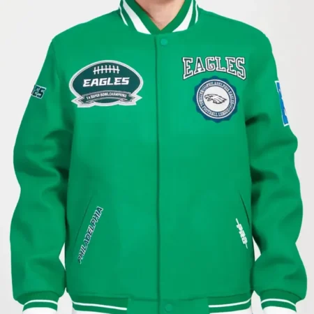 Philadelphia Eagles Crest Emblem Kelly Green Varsity Jacket webp