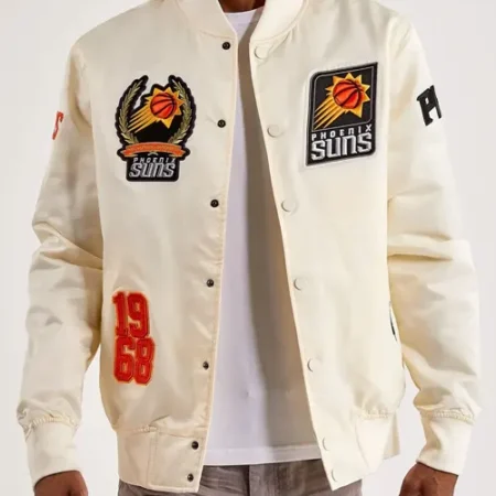 Phoenix Suns Off White Full Snap Satin Varsity Jacket webp