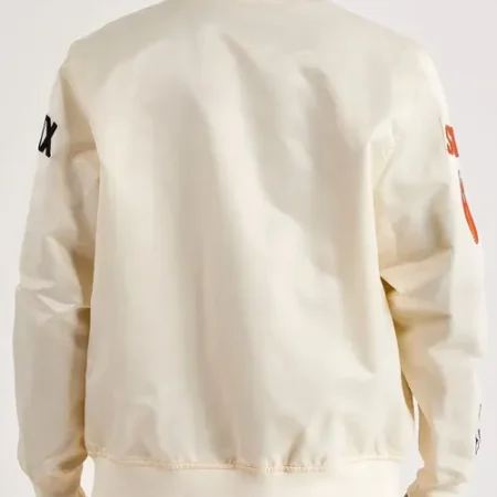Phoenix Suns Off White Full Snap Satin Varsity Jacket Back webp