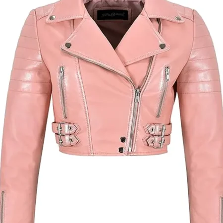 Pink Cropped Leather Jacket webp