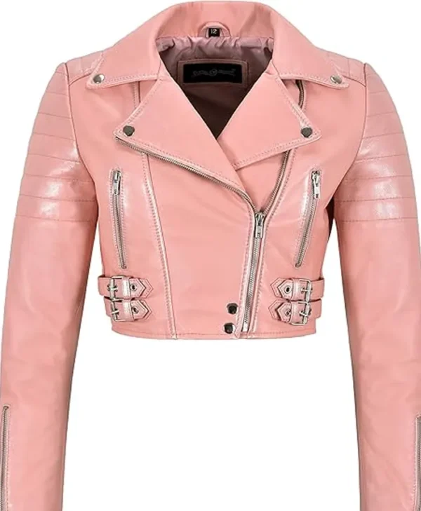 Pink Cropped Leather Jacket webp