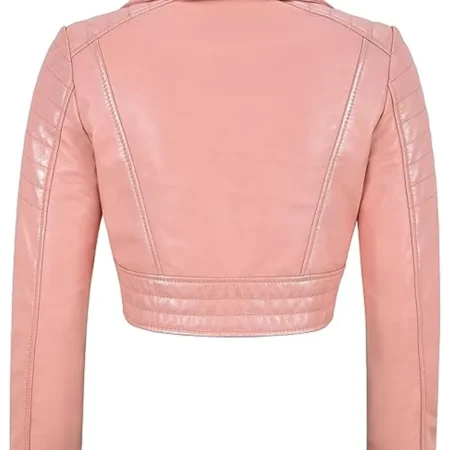 Pink Cropped Leather Jacket Back webp