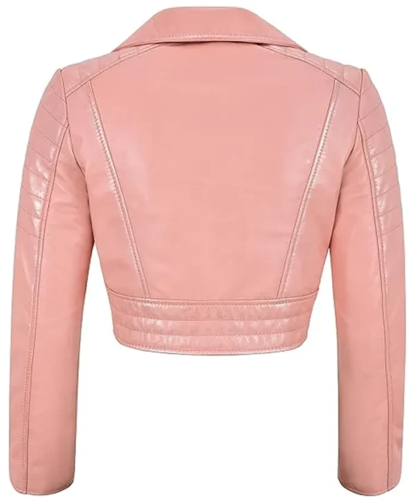 Pink Cropped Leather Jacket Back webp