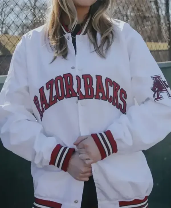 Pon Arkansas Razorbacks Bomber White Satin Varsity Jacket webp