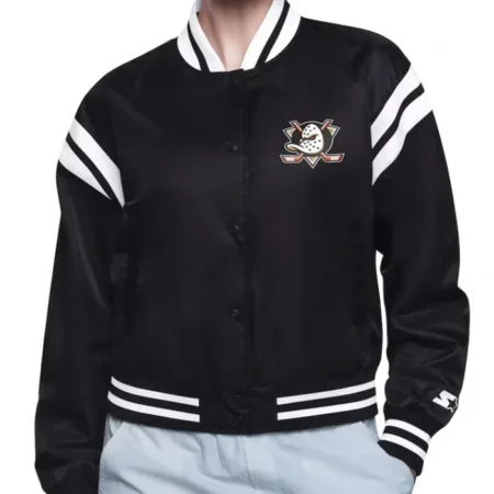 Printed Logo Anaheim Ducks Varsity Satin Jacket webp