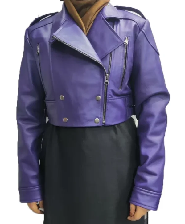 Purple Cropped Leather Jacket webp