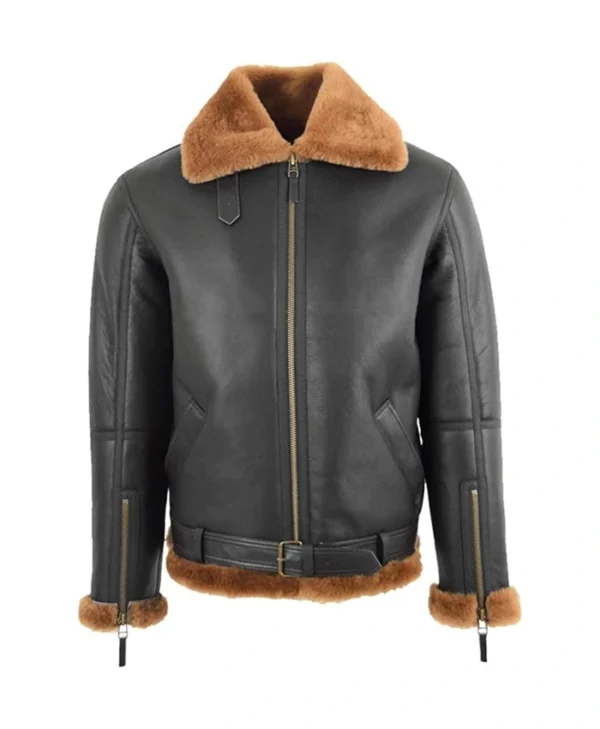 RAF Black B3 Bomber Brown Shearling Jacket webp