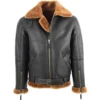 RAF Black B3 Bomber Brown Shearling Jacket Closure webp
