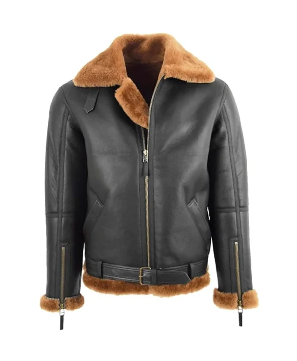 RAF Black B3 Bomber Brown Shearling Jacket Closure webp