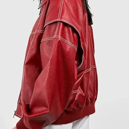 Red Leather Jacket Women Oversized Back webp