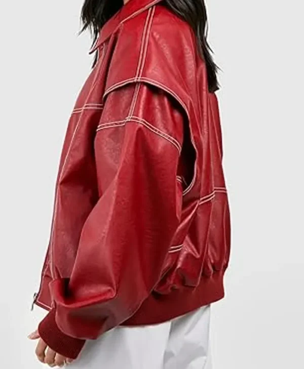 Red Leather Jacket Women Oversized Back webp
