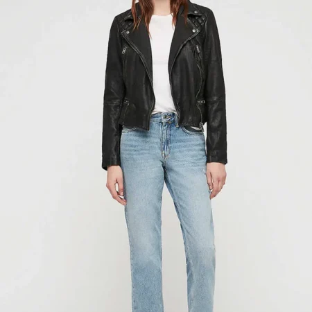 Red Sparrow Black Moto Jacket Womens Stand webp