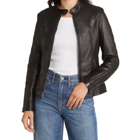 Rennet Black Leather Biker Jacket Womens Main webp