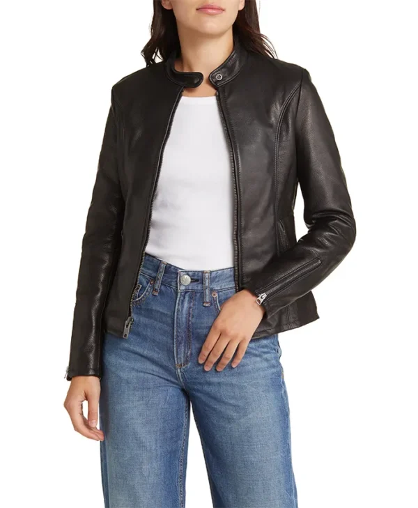Rennet Black Leather Biker Jacket Womens Main webp