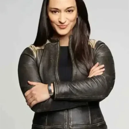 Resident Alien Asta Twelvetrees Biker Leather Jacket front webp