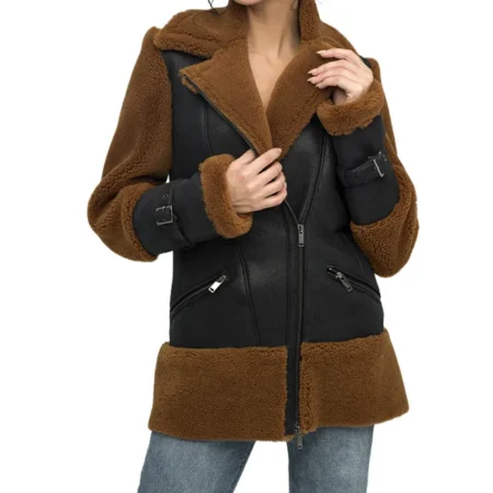 Reversible Brown Shearling Aviator Pilot Jacket Womens Closure webp
