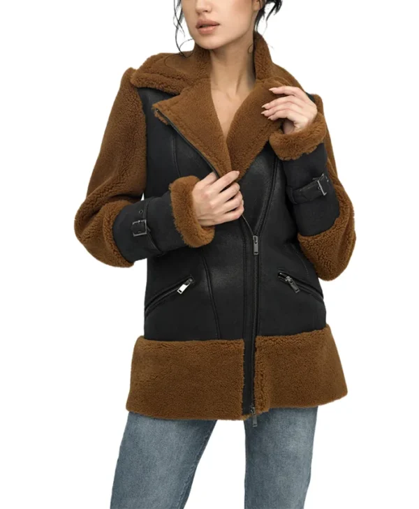 Reversible Brown Shearling Aviator Pilot Jacket Womens Closure webp