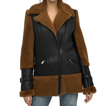 Reversible Brown Shearling Aviator Pilot Jacket Womens Main webp