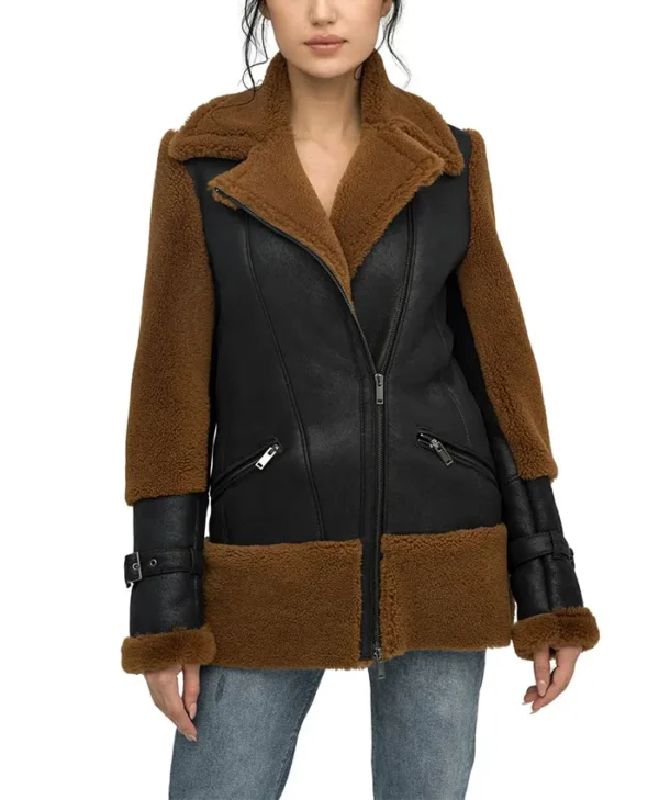 Reversible Brown Shearling Aviator Pilot Jacket Womens Main webp