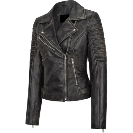 Richard Black Leather Biker Jacket Womens Side webp