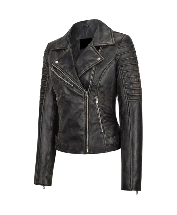 Richard Black Leather Biker Jacket Womens Side webp