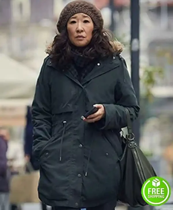 Sandra Oh Killing Eve Polastri Black Cotton Coat