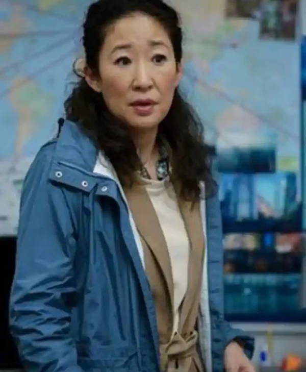 Sandra Oh Killing Eve Season 03 Polastri Blue Hooded Coat