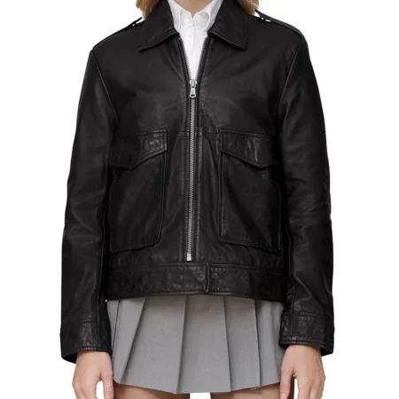 Sarah Black Leather Aviator Jacket Main webp