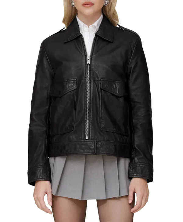 Sarah Black Leather Aviator Jacket Main webp