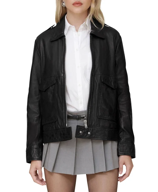 Sarah Black Leather Aviator Jacket Zipper webp