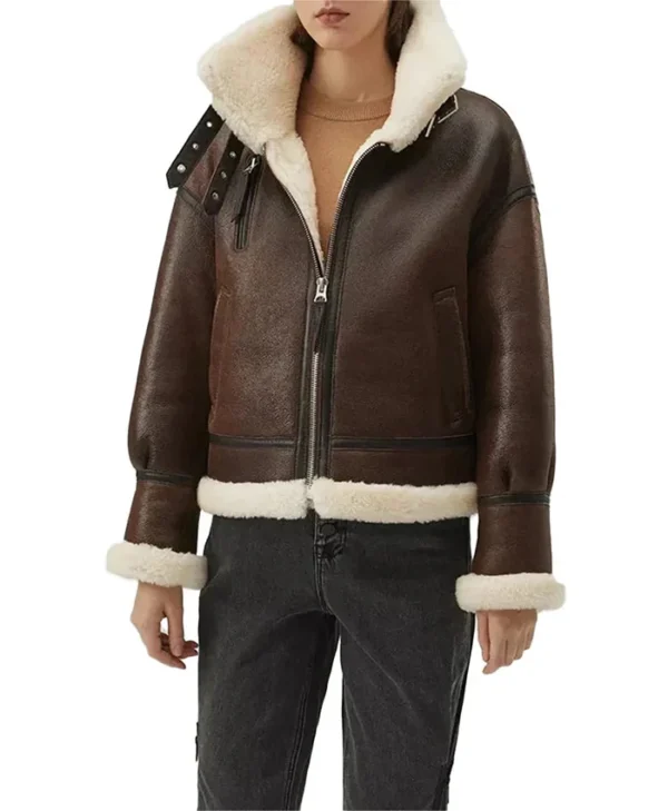 Shearling B3 Brown Leather Aviator Jacket Womens Main webp