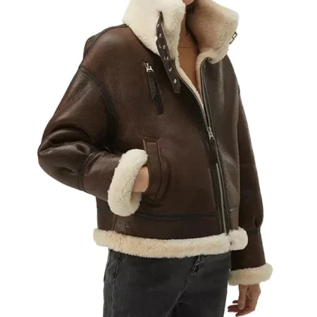Shearling B3 Brown Leather Aviator Jacket Womens Pockets webp