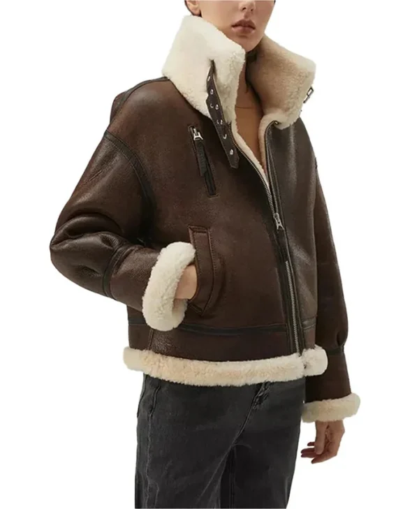 Shearling B3 Brown Leather Aviator Jacket Womens Pockets webp