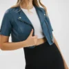 Slate Blue Cropped Leather Jacket For Womens Side webp