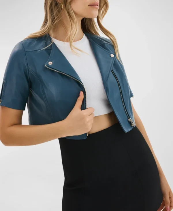 Slate Blue Cropped Leather Jacket For Womens Side webp