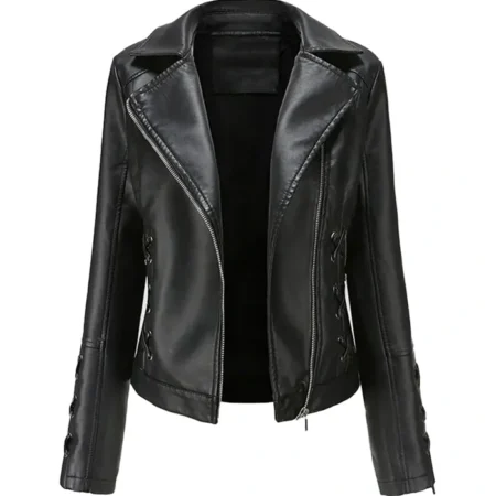Slim Fit Motorcycle Black Leather Coat Womens Front webp